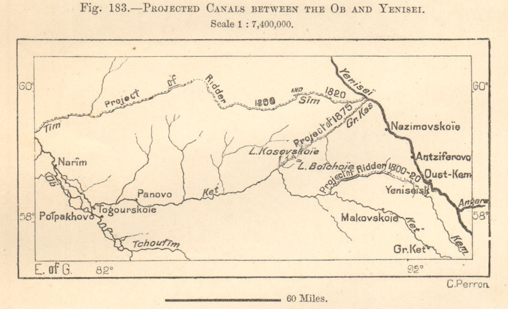 Projected Ob–Yenisei (Ket-Kas) Canals Narym Siberia. Sketch map. SMALL 1885